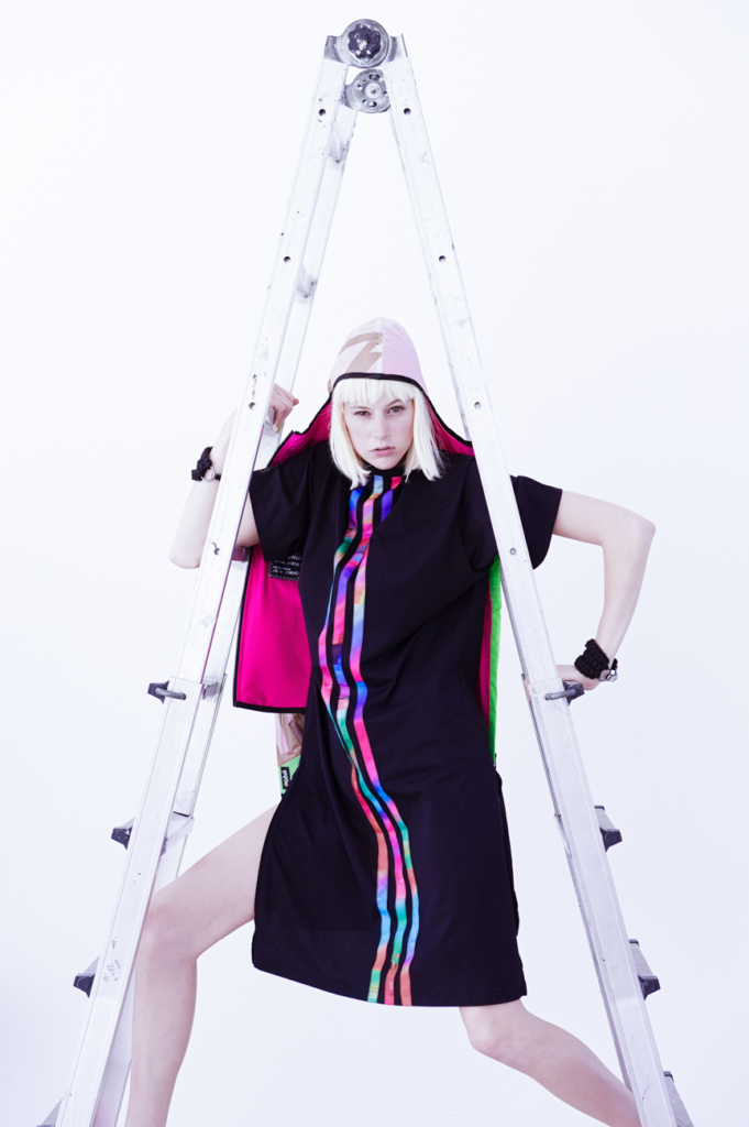 high end streetwear fashion editorial with a step ladder and full body