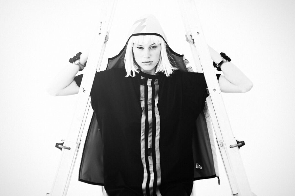 b&w high end streetwear studio editorial with step ladder